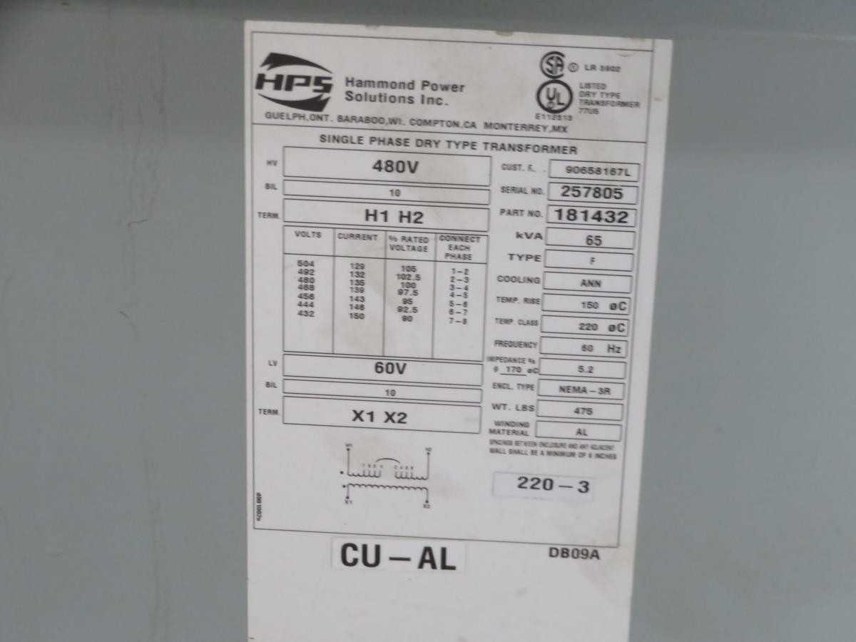 HPS 181432 65 TRANSFORMER, 65 KVA POWER, 480V PRI, 60V SEC, 220C INS CLASS, NEMA 3R ENCLOSURE - DRY TRANSFORMERS