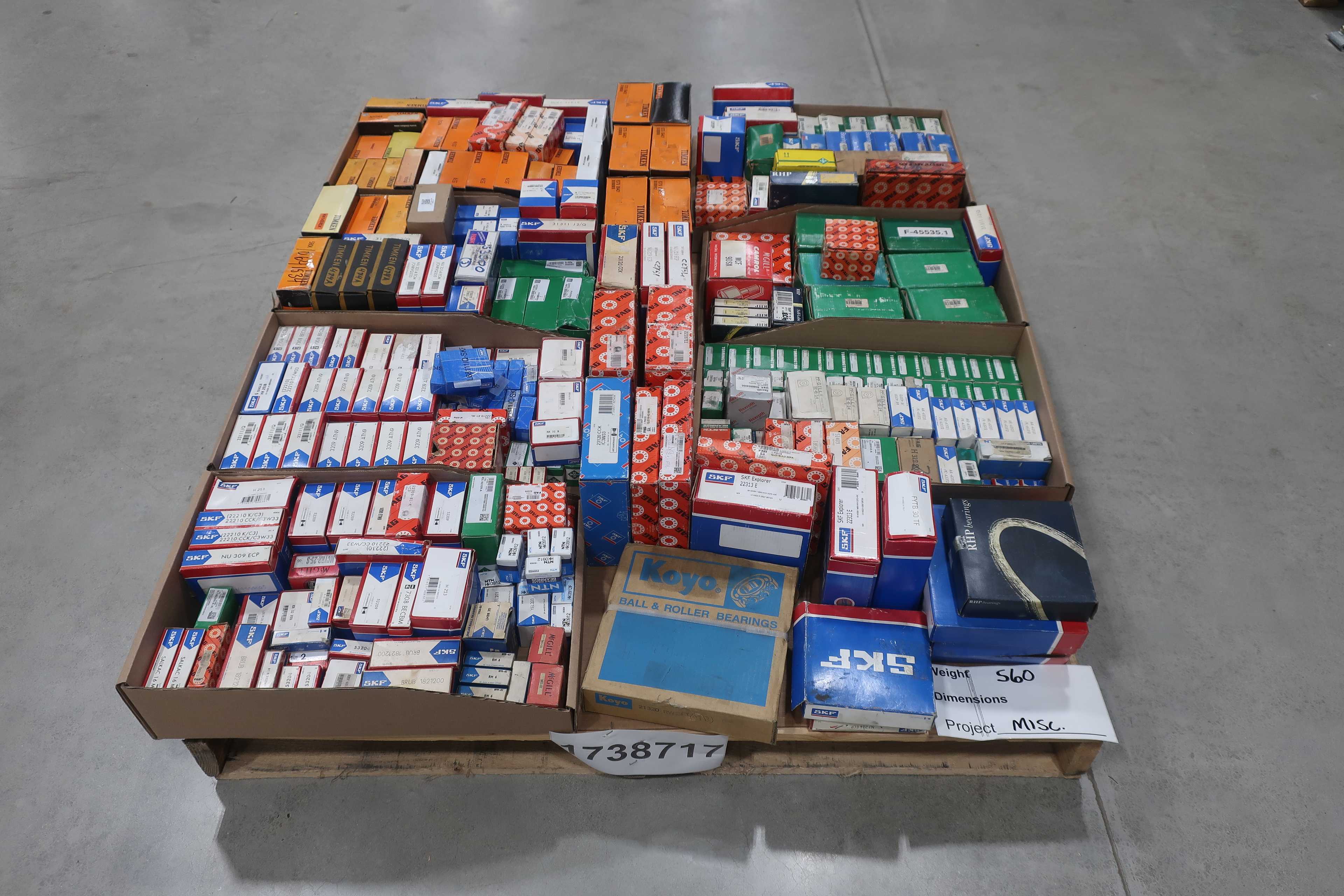 SKU 1738717 - PALLET OF ASSORTED BEARINGS, SKF, MCGILL, INA, FAG, KOYO, RHP, TORRINGTON, TIMKEN, RHP