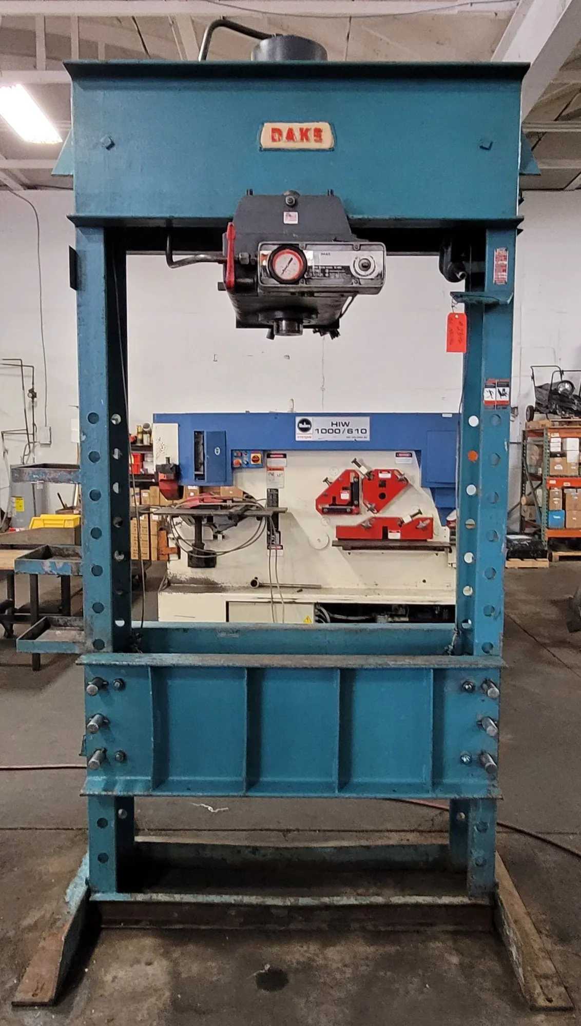 DAKE 6-858 150-TON AIR-OVER-HYDRAULIC H-FRAME PRESS, 16" RAM TRAVEL, 48" BETWEEN UPRIGHTS - HYDRAULIC PRESSES