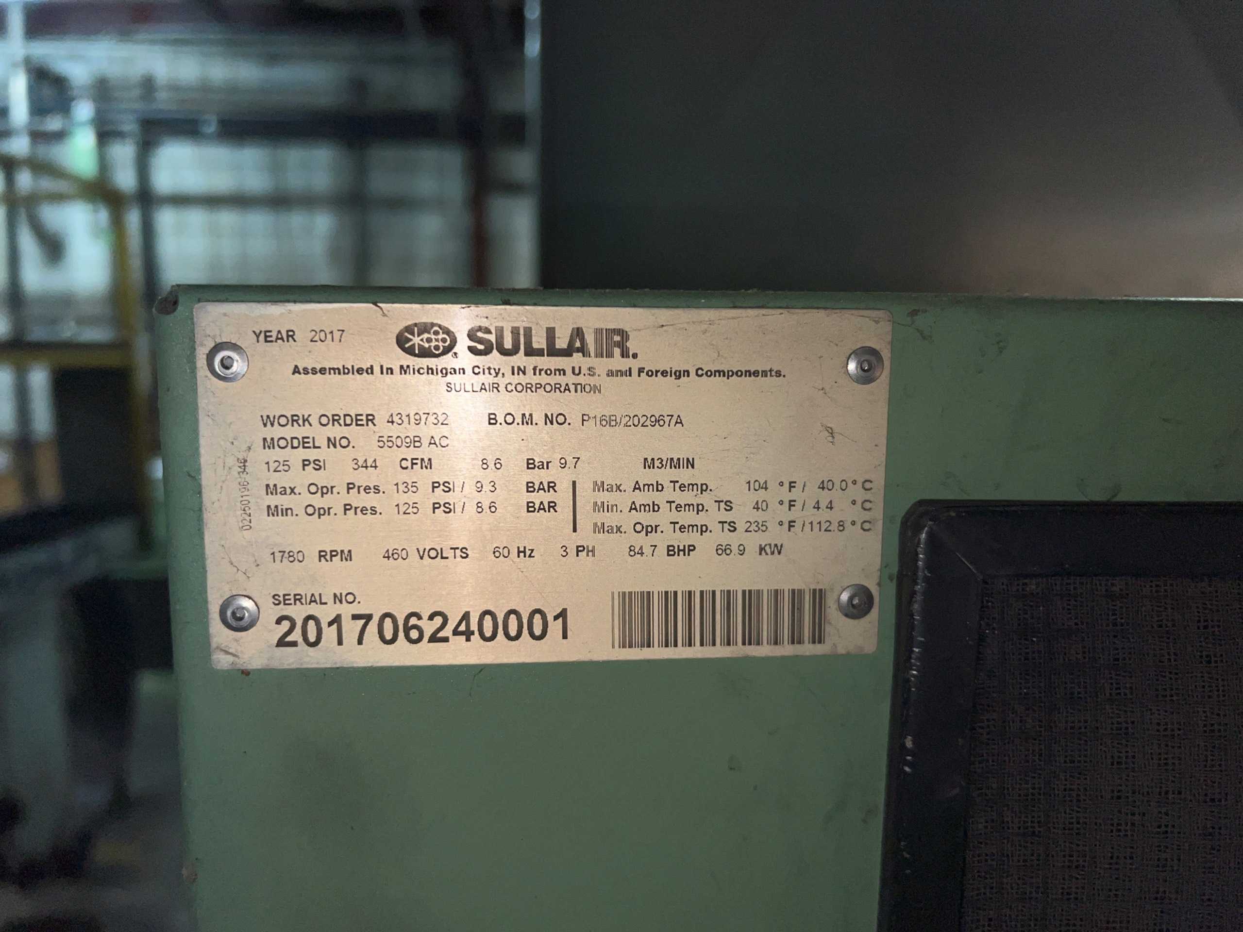 2017 SULLAIR 5509B AC STATIONARY AIR COMPRESSOR - STATIONARY AIR COMPRESSOR