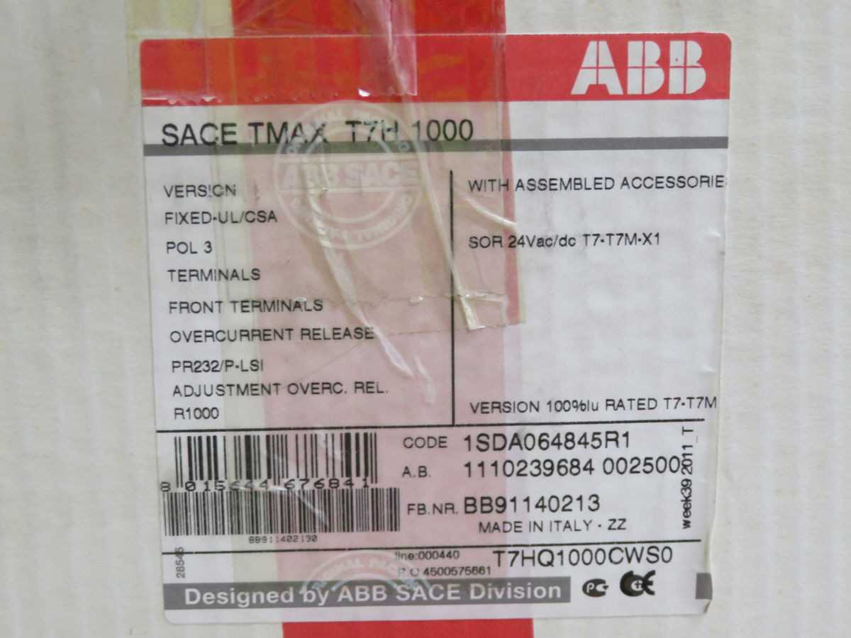 ABB 1SDA064845R1 MCCB, 3-POLE, 1000A, 600V AC, 50/60HZ, 65KA@480V ICU, 35KA@600V ICU - CIRCUIT BREAKERS