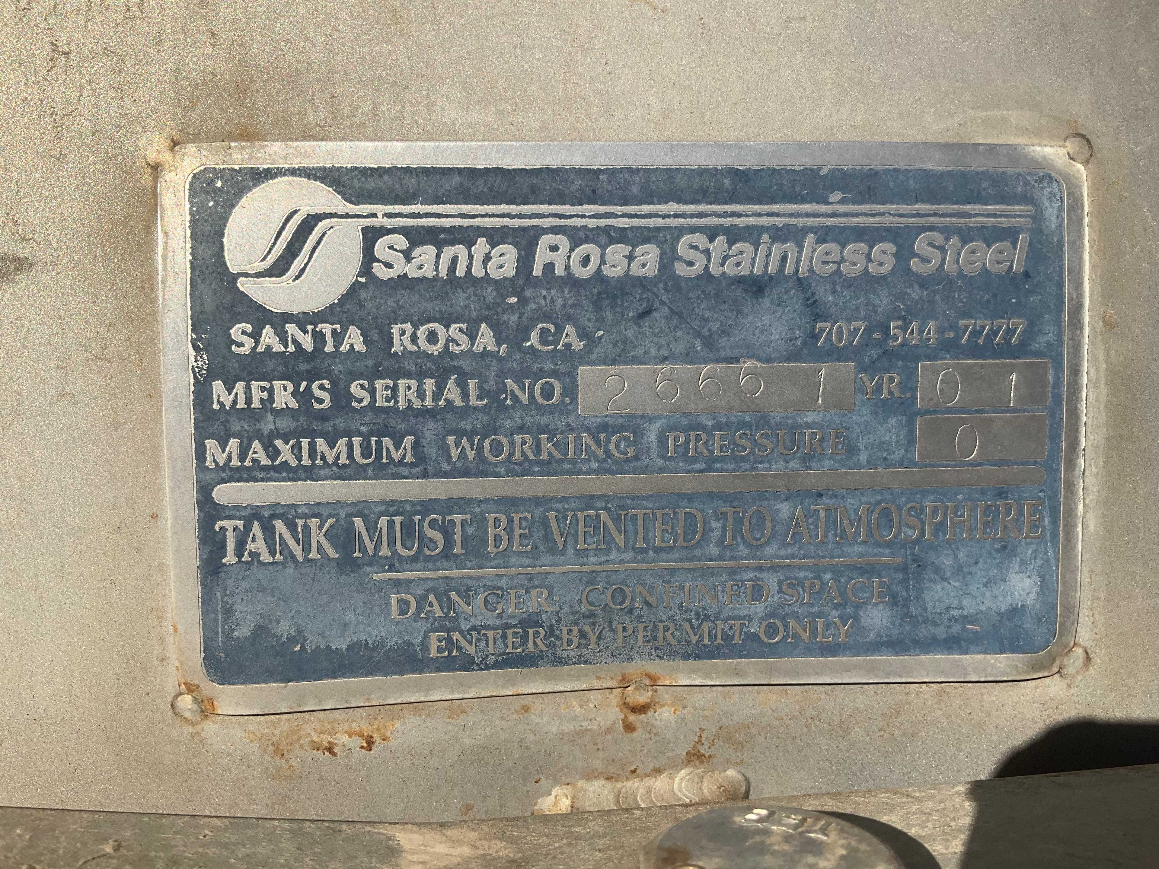 2001 SANTA ROSA STAINLESS STEEL RACK AND RETURN TANK - PLANT & FACILITY