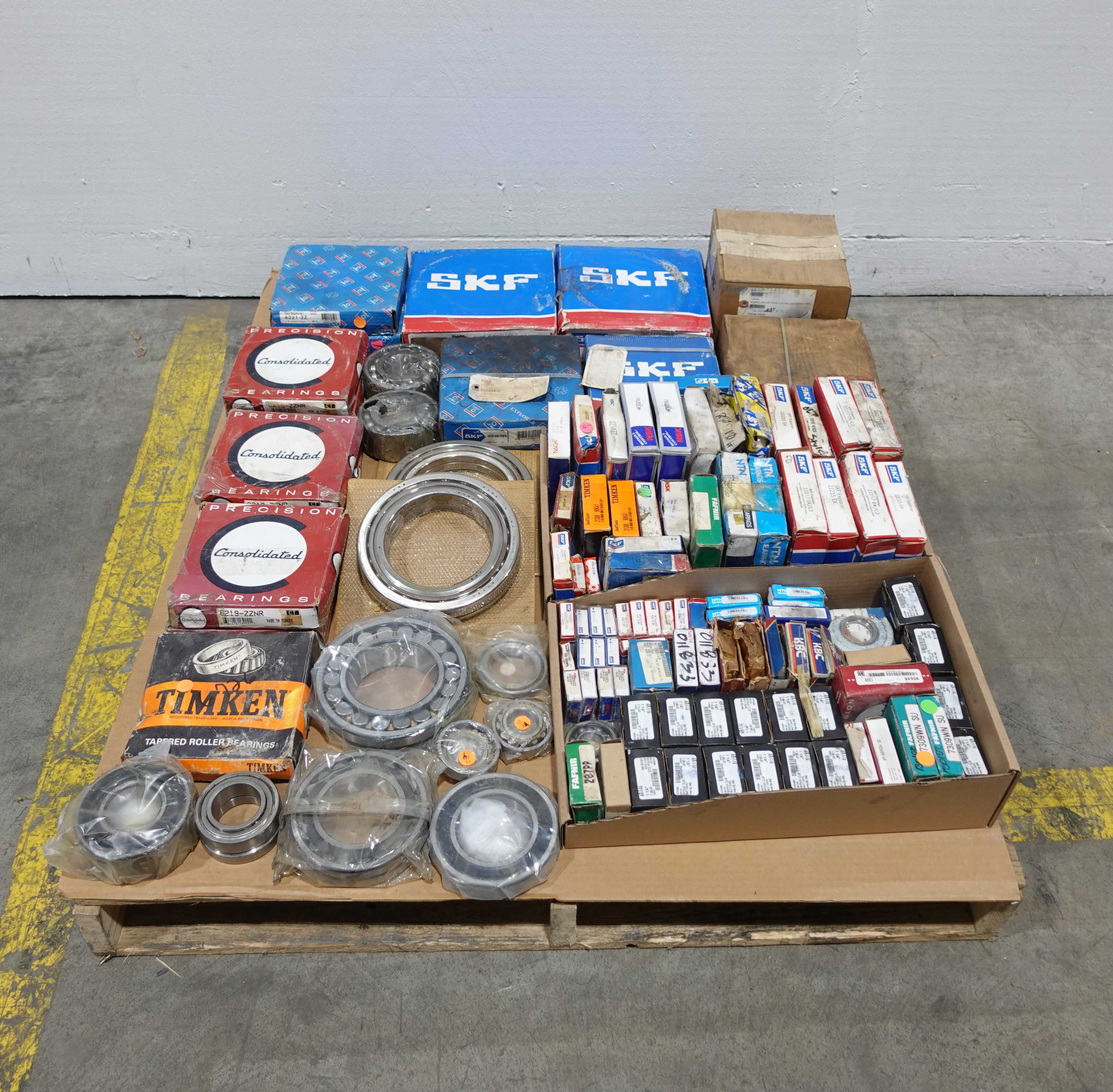 PALLET OF ASSORTED BEARINGS, SKF, CONSOLIDATED, TIMKEN, NTN, FAFNIR, NSK, KBC, SEAL MASTER - BEARINGS