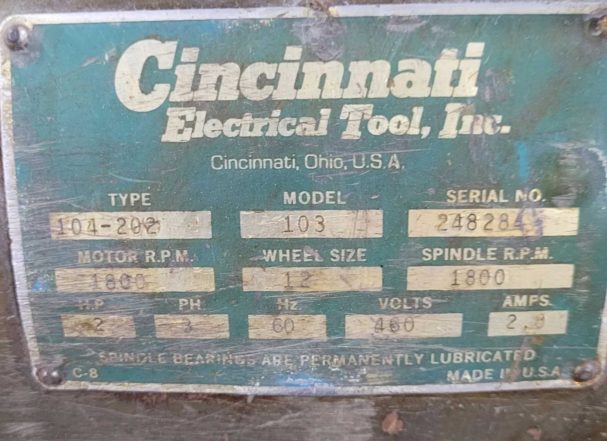 CINCINNATI MODEL 103 PEDESTAL GRINDER, 2 HP, 460V, 3PH, 1800 RPM, 12"X2"X5" WHEELS