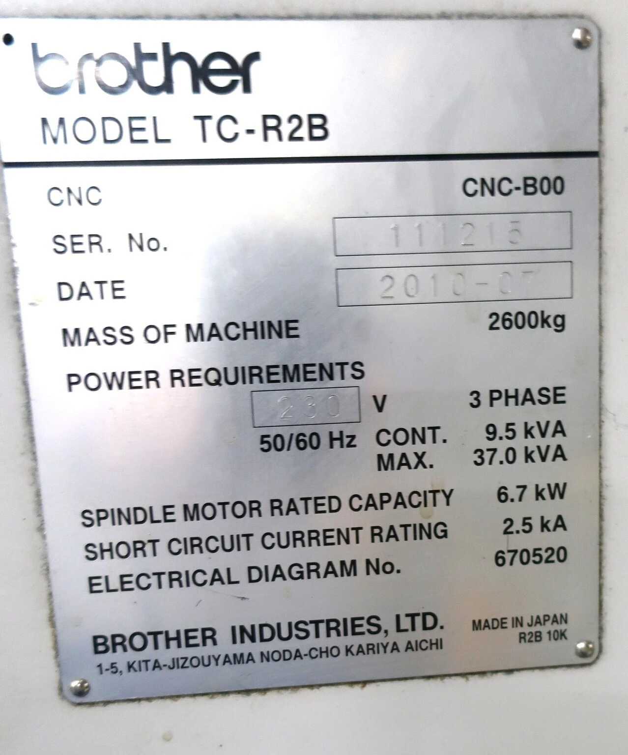 2010 BROTHER TC-R2B CNC DRILL & TAP VMC, 10K RPM, 14 ATC, 16.5X12.8X12IN, 15HP, BT30, PALLET CHANGER - VERTICAL MACHINING CENTERS