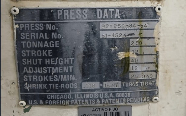 U.S.I CLEARING S2-250-84-54 250-TON MECHANICAL PRESS, 12IN STROKE, 40IN SHUT HEIGHT, 20-40 SPM - MECHANICAL PRESSES