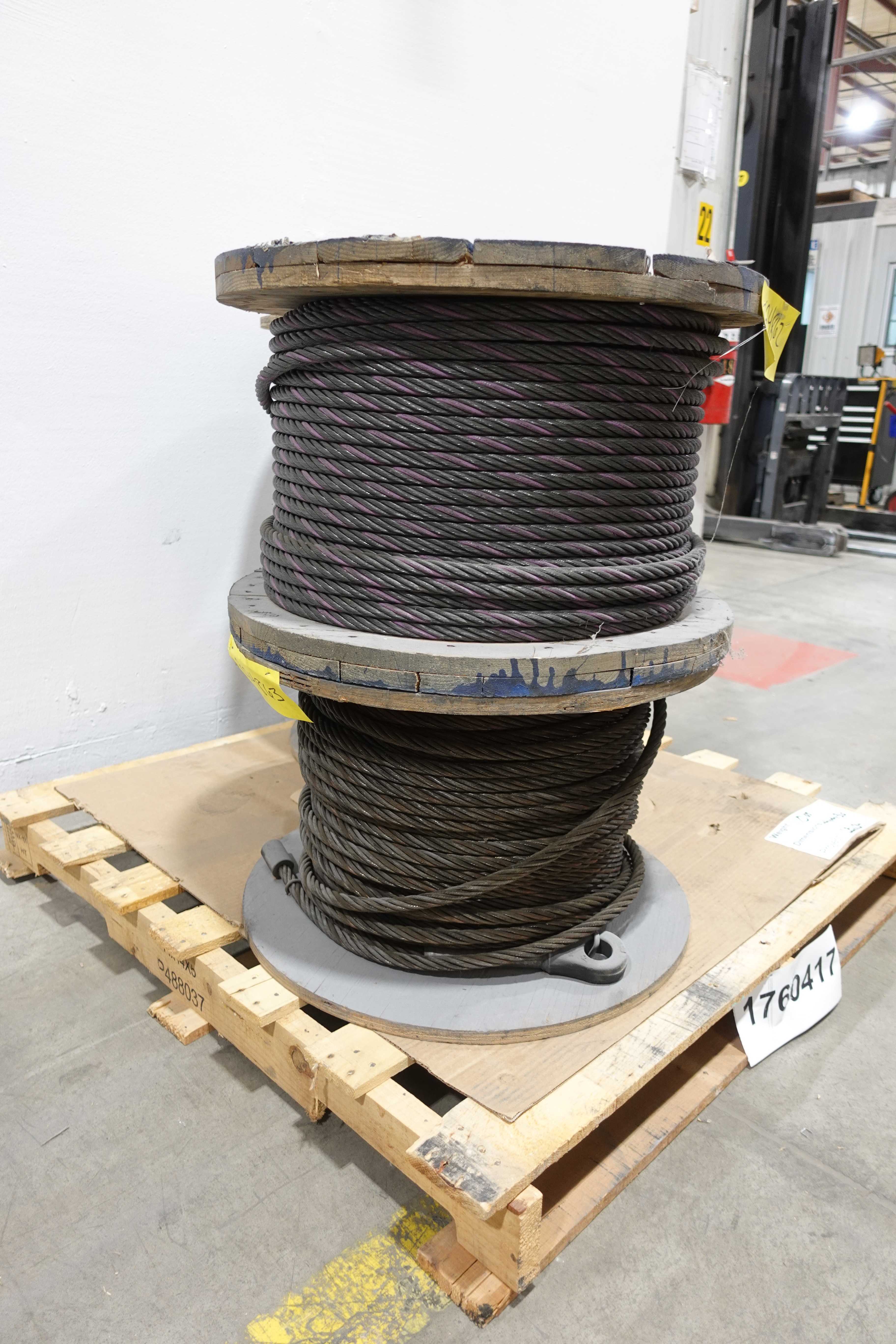 SKU 1760417 - LOT OF 4 ASSORTED SPOOLS OF WIRE ROPE, 5/8", 9/16" - LIFTING EQUIPMENT