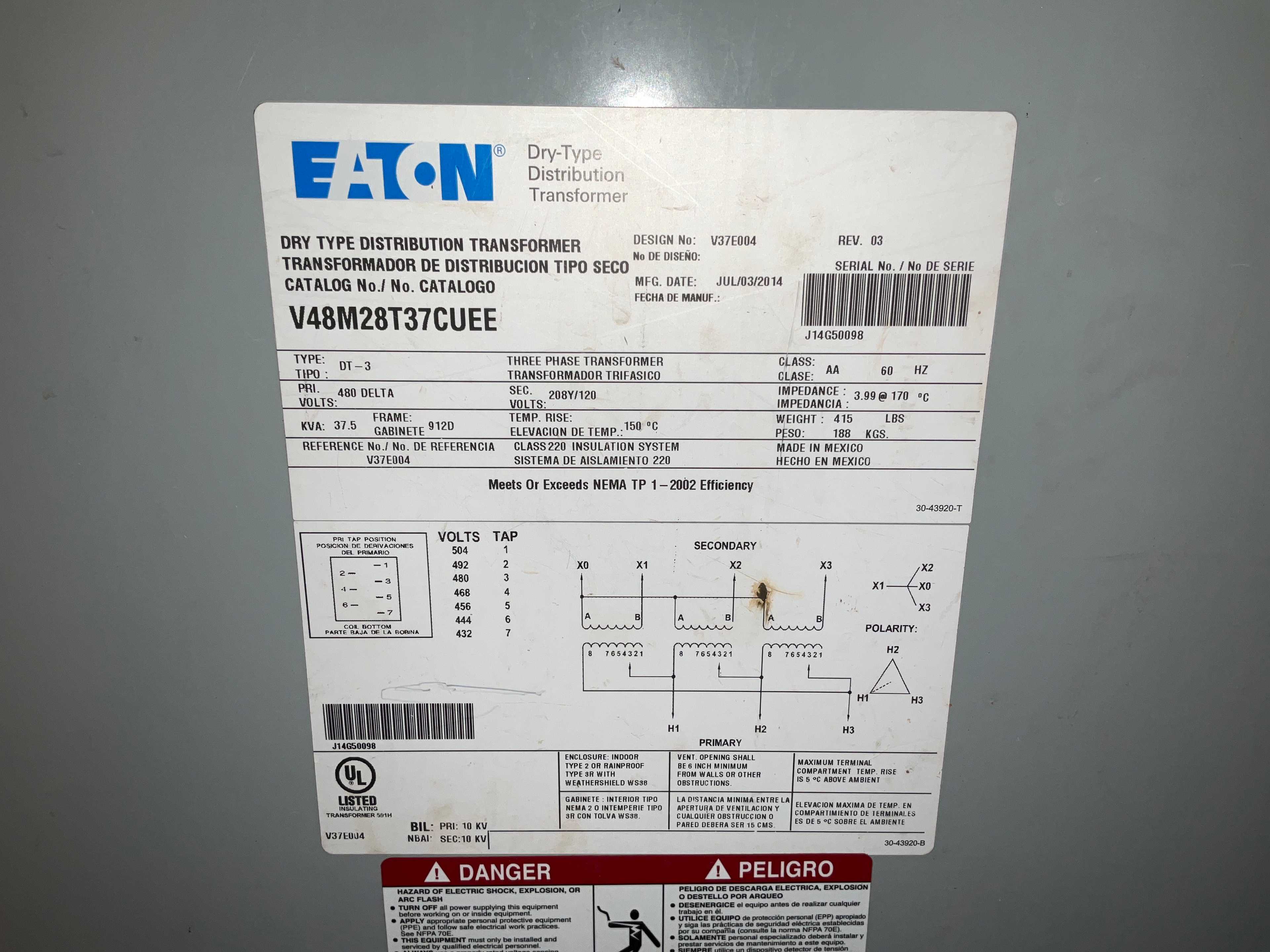 2014 EATON V48M28T37CUEE DRY POWER DISTRIBUTION TRANSFORMER - DRY TRANSFORMERS