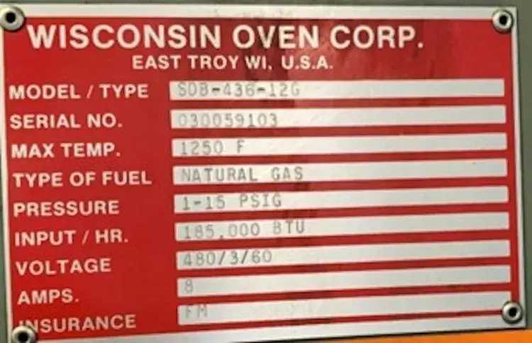 WISCONSIN OVEN SDB-436-12G GAS BATCH FURNACE 1250F 24X36X18H 185KBTU 480V - TEMPERING FURNACE