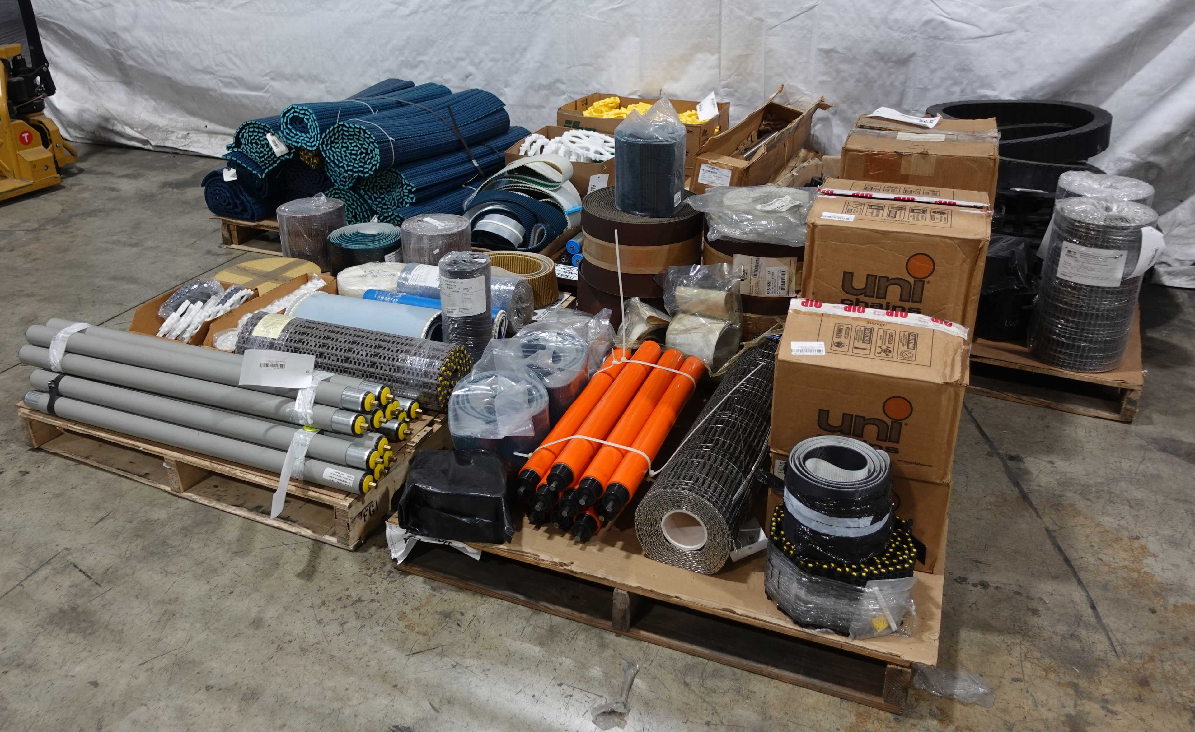 5 PALLETS OF ASSORTED CONVEYOR BELTS, PARTS, AND ACCESSORIES - CONVEYOR PARTS