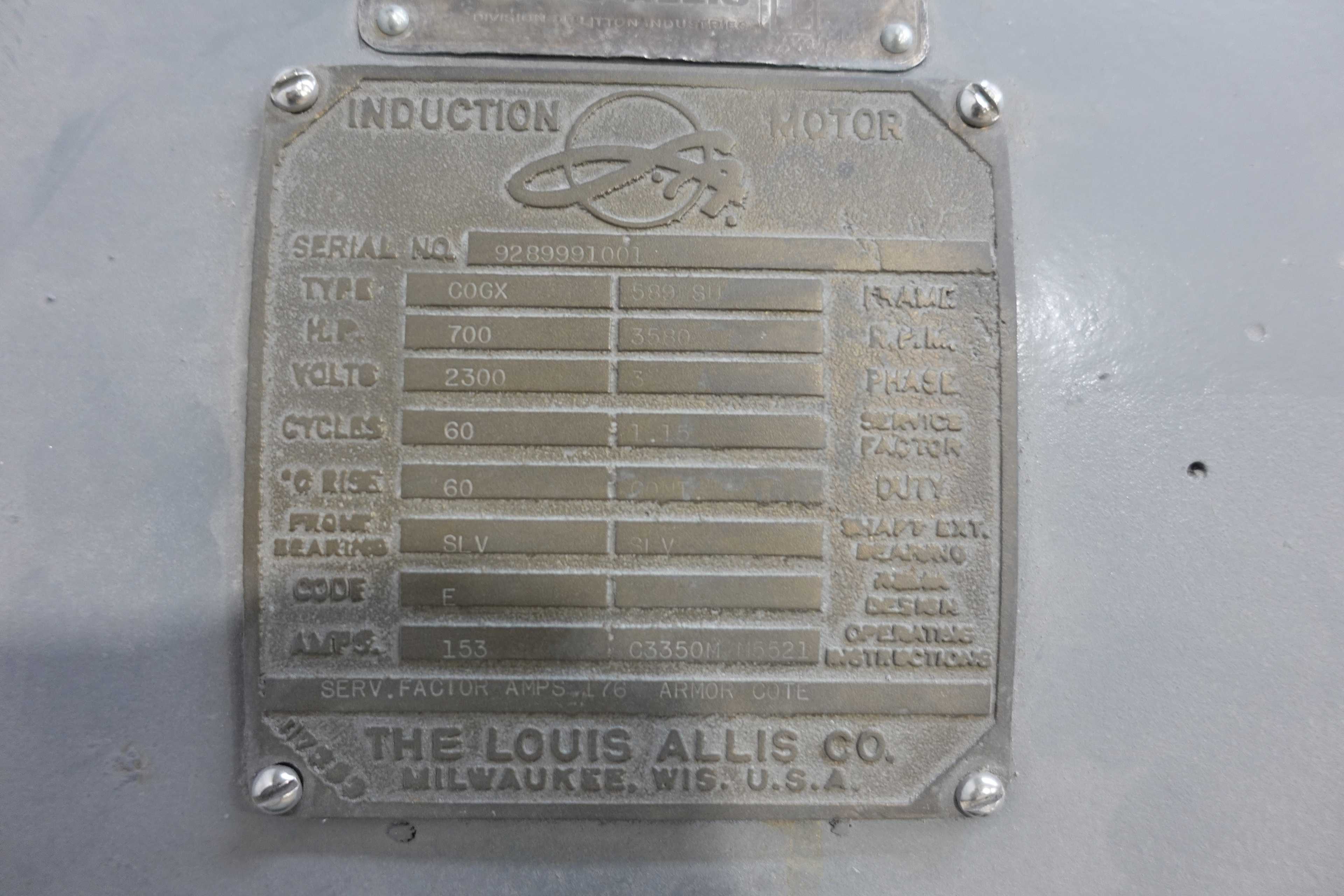 SKU 1741113 - LOUIS ALLIS CO. COGX INDUCTION MOTOR, 700 HP, 3 PH, 3580 RPM, 2300V, FR. 589 SU - AC MOTOR