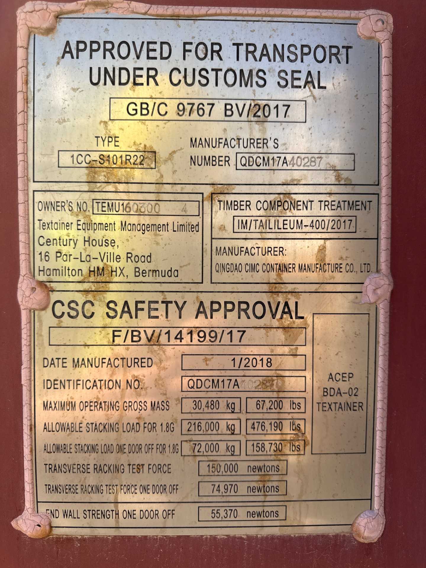 2018 CIMC 1CC-S101R22 20 FT SHIPPING CONTAINER - SHIPPING CONTAINERS