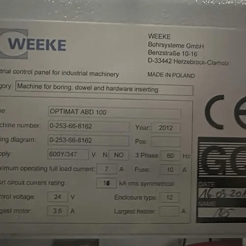 2012 HOMAG - WEEKE ABD 100 OPTIMAT BORE DOWEL CNC BORING MACHINE - HORIZONTAL BORING MILLS