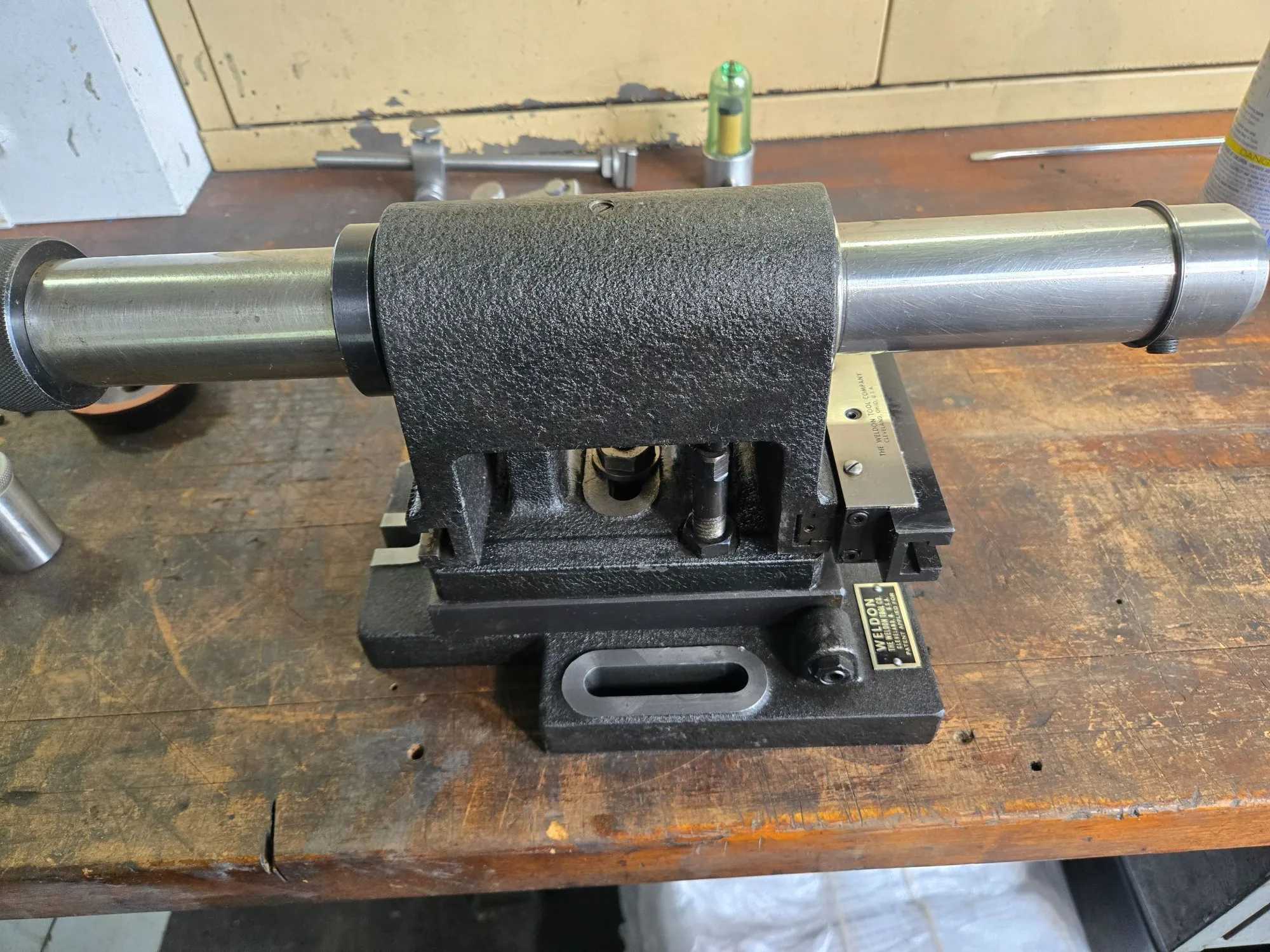 WELDON END MILL SHARPENING FIXTURE W/CASE, TOOLING, ADJUSTABLE TOOLREST, GAGE, AND COLLETS - MACHINE TOOLING