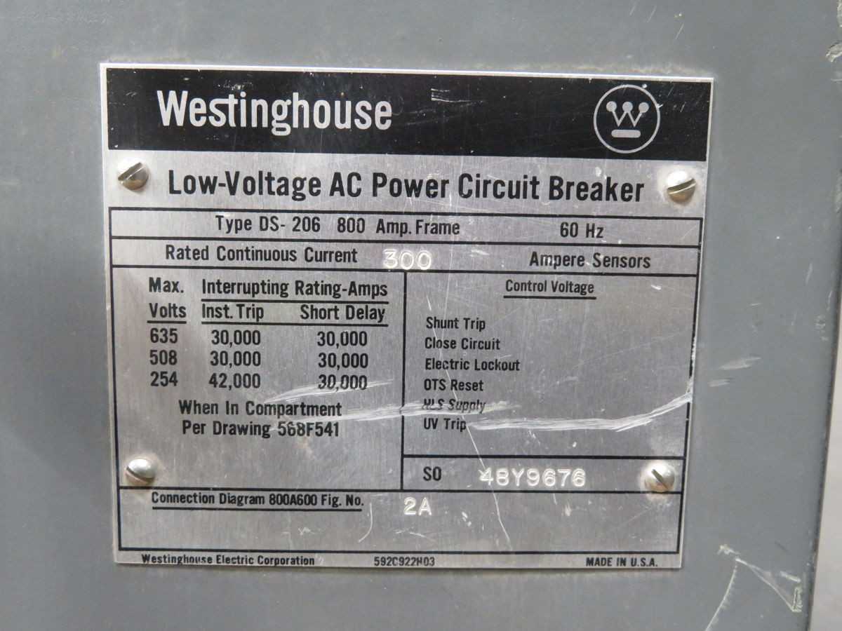 WESTINGHOUSE DS-206, 3-POLE, 800A CONTINUOUS, 600VAC, 30KA INT., SOLID-STATE, DRAWOUT - CIRCUIT BREAKERS