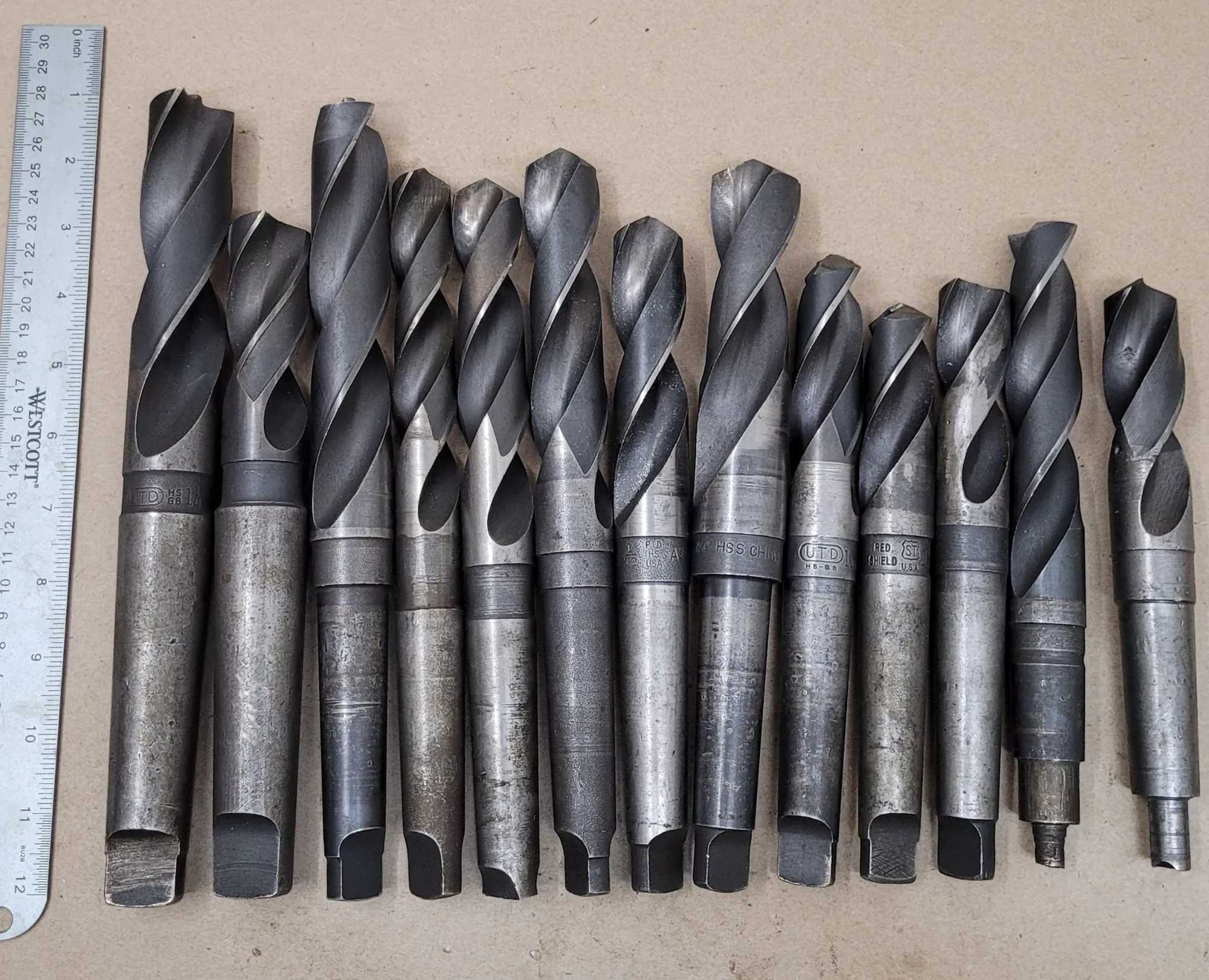 SET OF 13 HSS TAPERED SHANK TWIST DRILLS, 12 MT3 & 2 MT4 SHANKS, SIZES 57/64" TO 1-1/4" - MACHINE TOOLING
