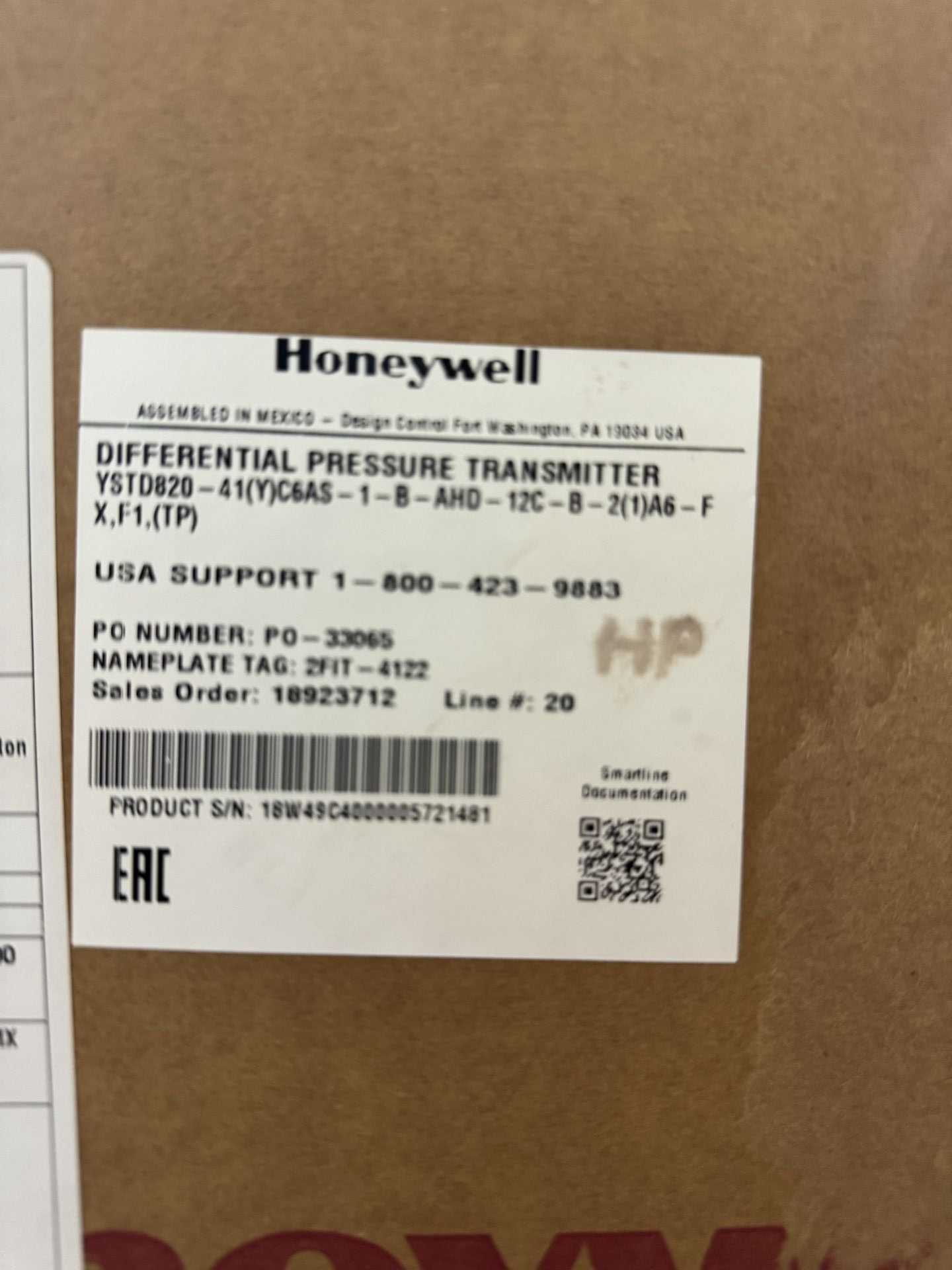 HONEYWELL YSTD820-41(Y)C6AS-1-B-AHD-12C-B-2(1)A6-F PRESSURE TRANSMITTER - PRESSURE TRANSMITTER