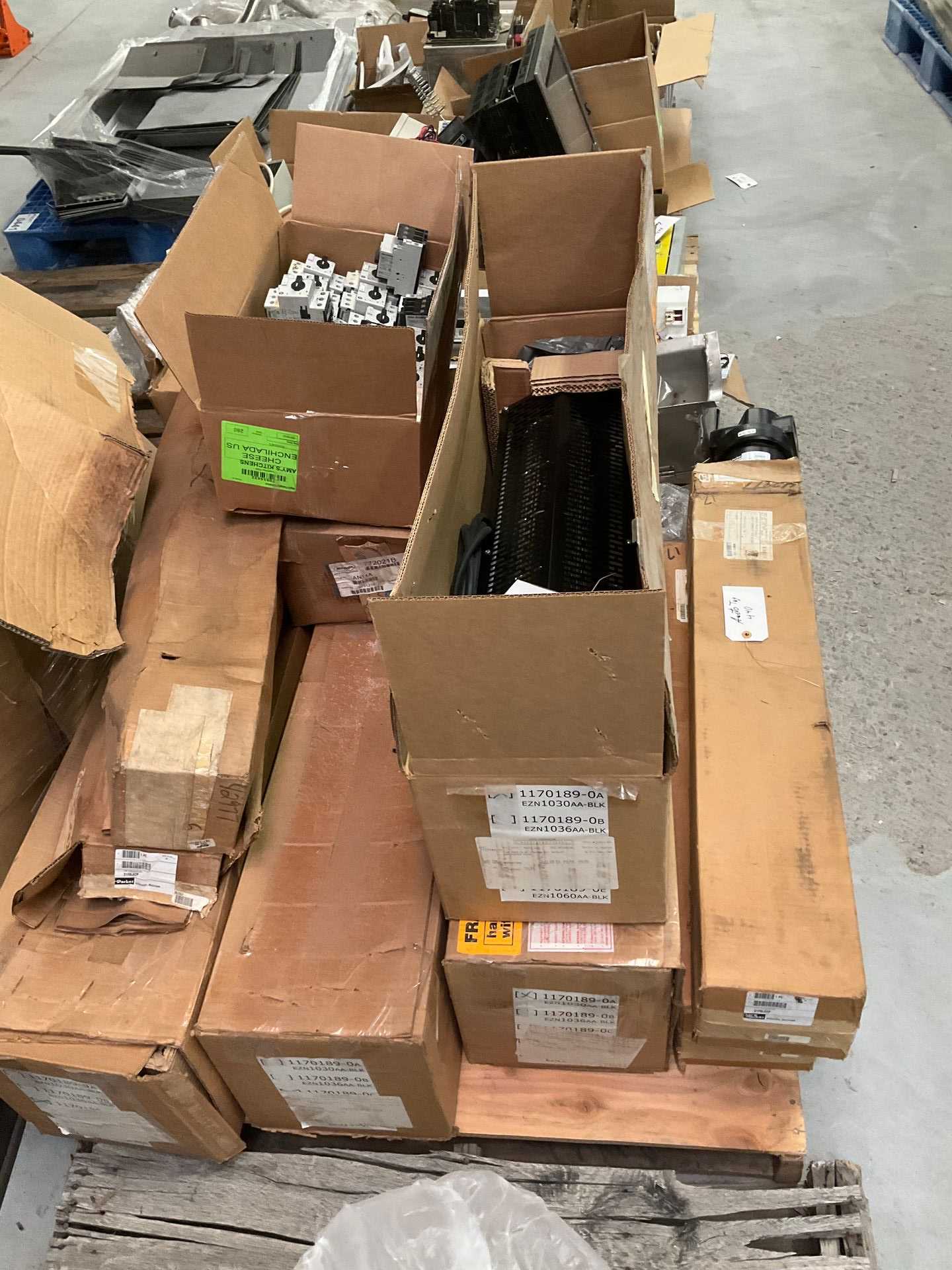 Pallet of Assorted Electrical Control Panel Parts, Monitors, Misc. Cables & Industrial Vacuum Hoses - INDUSTRIAL PARTS