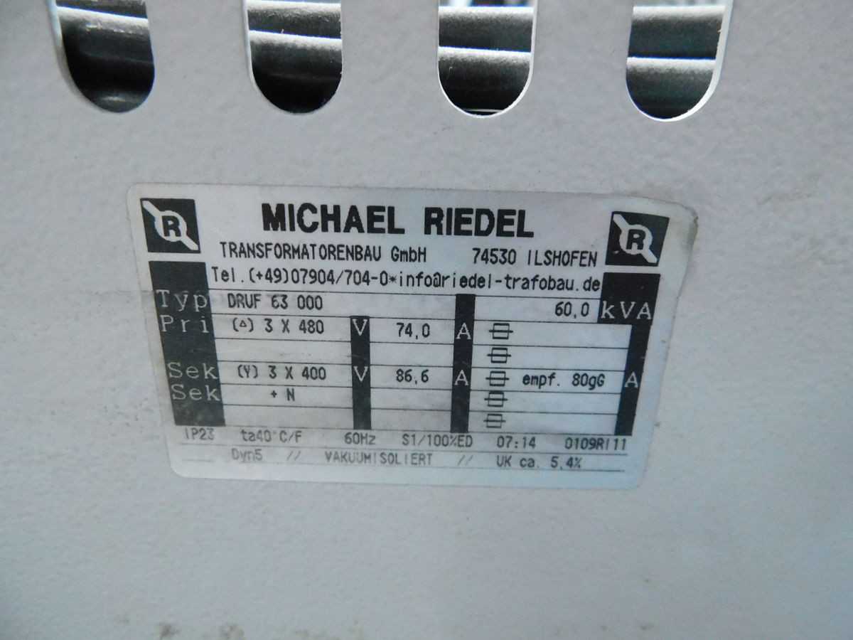 MICHAEL RIEDEL DRUF 63 000 XFMR, 3-PHASE, 60 KVA POWER, 480 VAC PRI, 400 VAC SEC, 50/60 HZ - POWER TRANSFORMERS