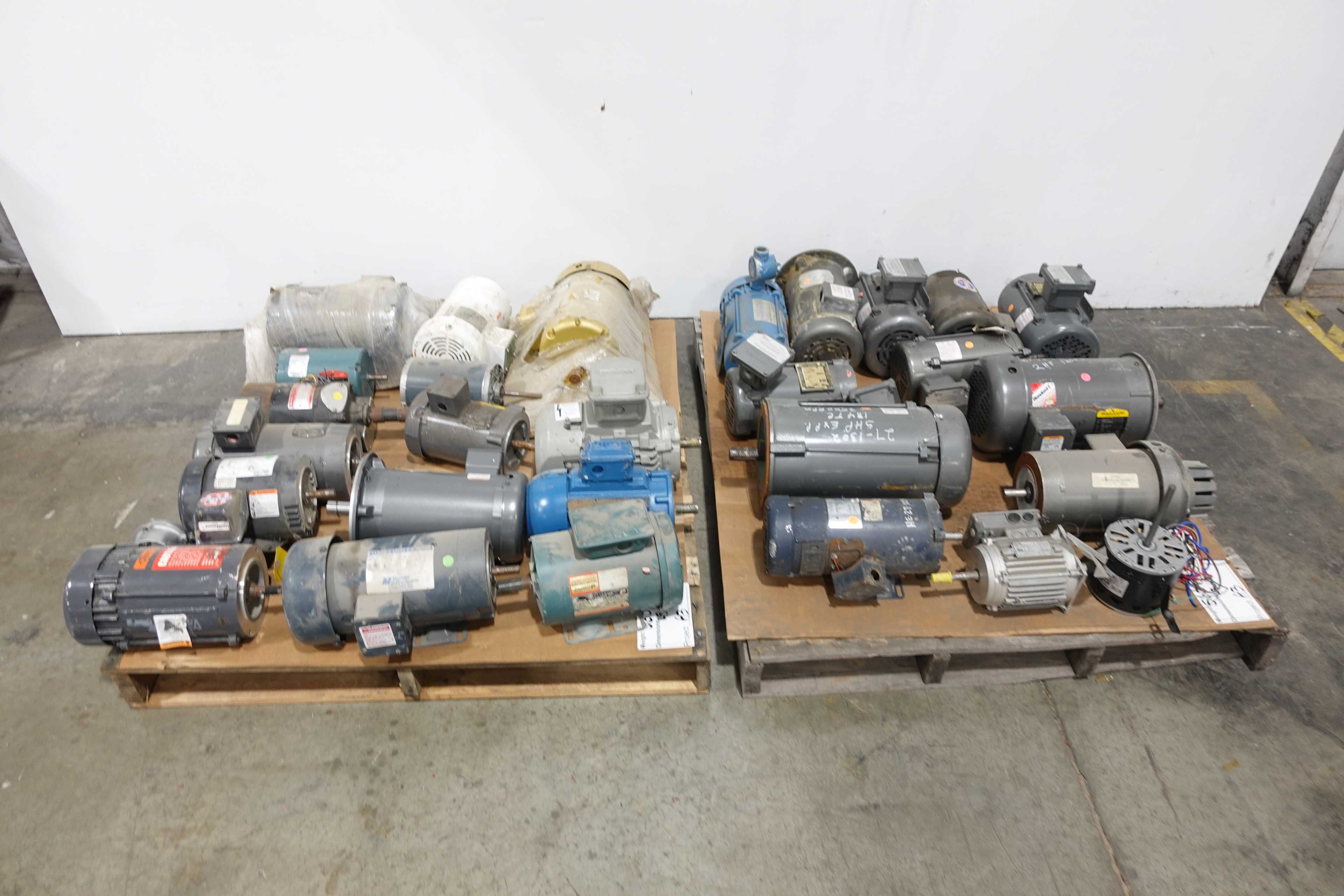 2 PALLETS OF ASSORTED MOTORS, LEESON, BALDOR, LENZE, CENTURY, DOERR, WEG, SIEMENS, GE - ELECTRIC MOTORS