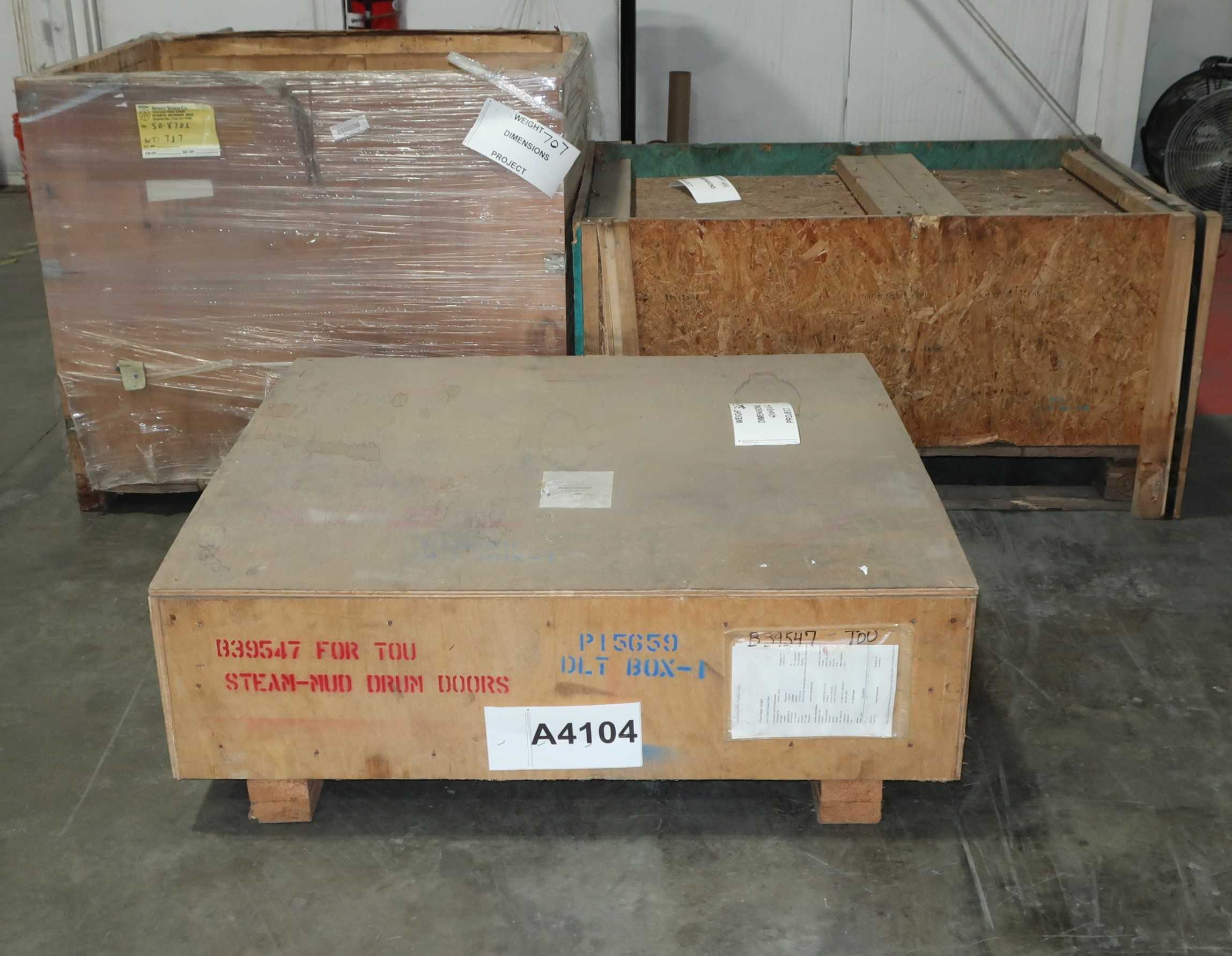 3 CRATES OF ASSORTED STEEL, ROLLER CHAIN, PLATES, DRUM DOORS - INDUSTRIAL PARTS